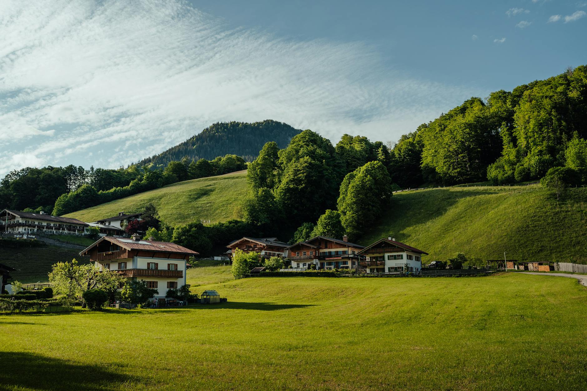 Bawarskie zagrody w zielonej dolinie z widokiem na górskie szczyty