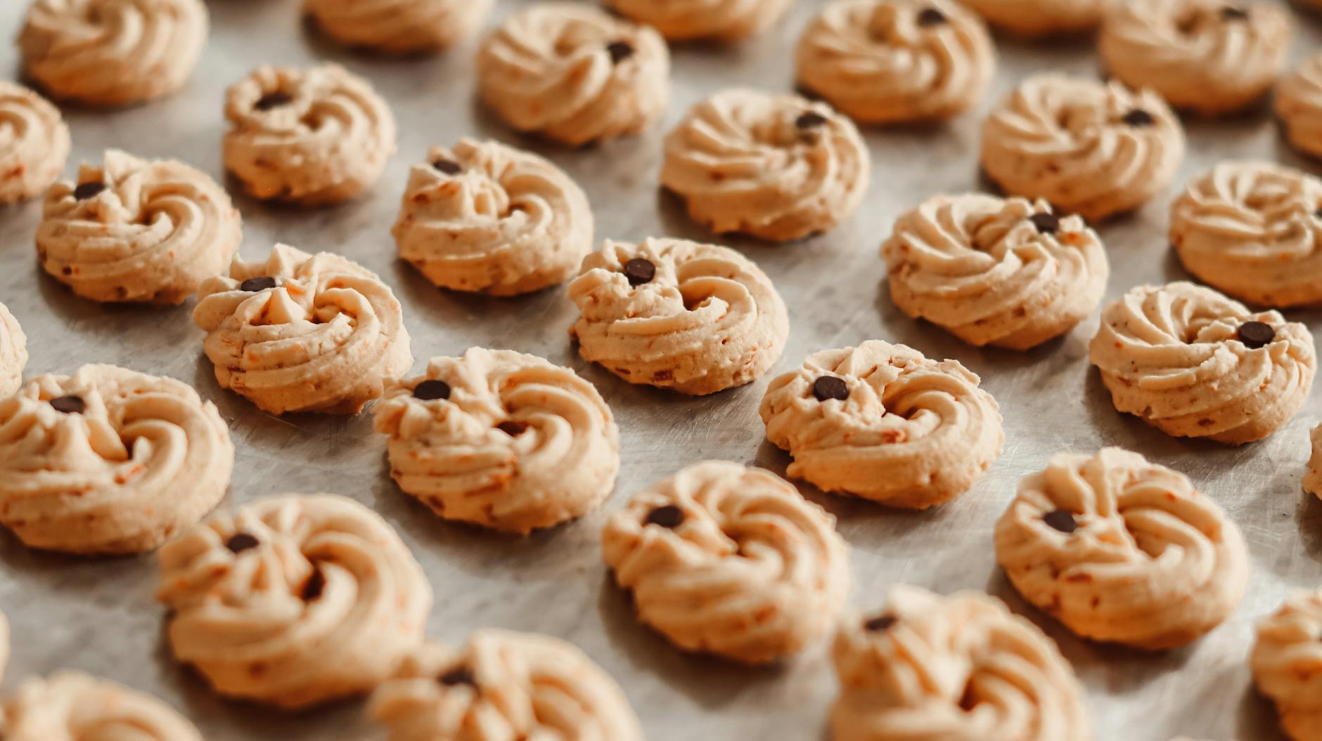 Kruche ciasteczka maślane z kawałkami czekolady na blasze po upieczeniu